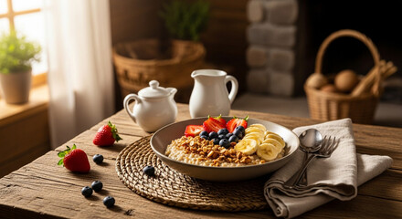 Delicious and healthy breakfast oatmeal with fresh fruits and berries on a rustic wooden table in a cozy setting, perfect for a nutritious start