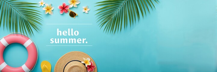 Tropical summer vacation themed flat lay featuring beach accessories and a refreshing blue background perfect for summer promotions