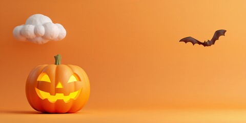Spooky Halloween Composition with Smiling Jack O Lantern Cloud and Bat on Orange Background Studio Shot