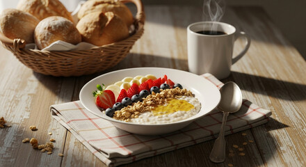 Healthy breakfast oatmeal with fresh fruits and a cup of coffee on a wooden table, a nutritious and delicious way to start the day