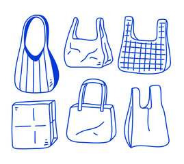  Hand drawn reusable tote bags vector illustration in minimal blue line style