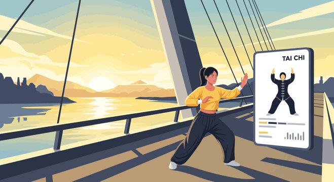 Tai Chi practice with digital guidance on a picturesque bridge at sunset