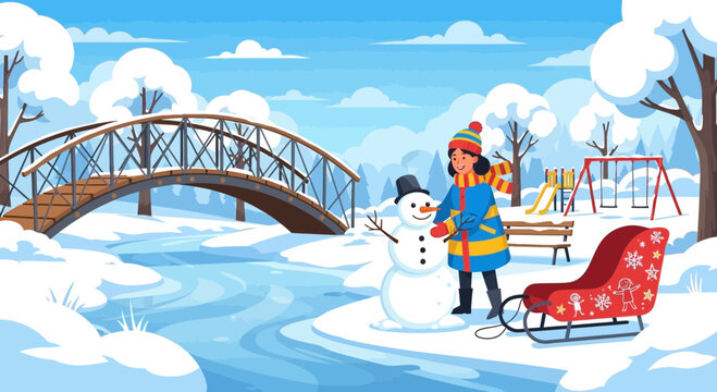 Joyful winter scene with girl building snowman near bridge and playground
