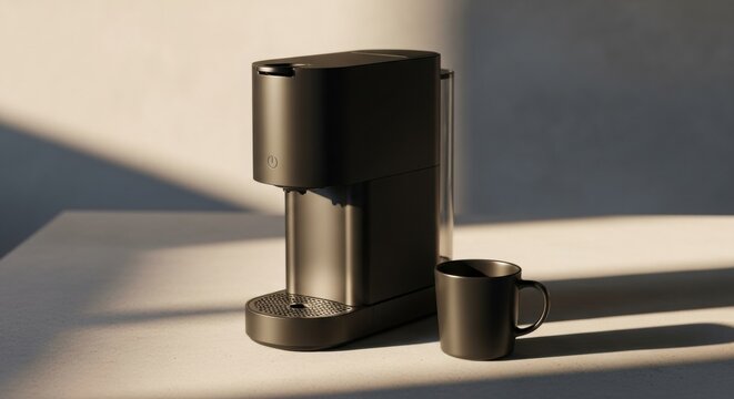 Modern black coffee machine with cup on table in natural sunlight