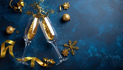 Two champagne glasses with gold confetti and decorations on a dark blue background, celebrating New Year's Eve with a festive and luxurious mood.