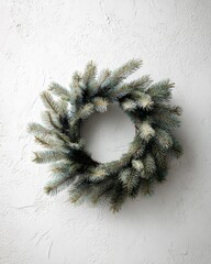 Christmas wreath with pinecones and green leaves on white wall, editorial holiday decor image highlighting tradition, simplicity, and the cozy spirit of seasonal celebration culture
