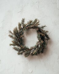 Christmas wreath with white ribbon and berries on neutral wall, editorial festive decor image highlighting elegance, tradition, and the charm of winter holiday culture