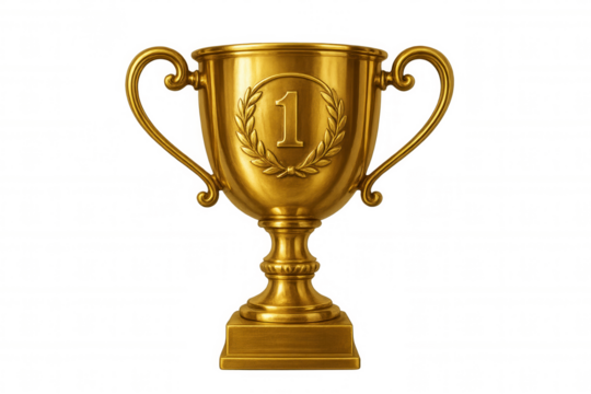 Golden first place trophy symbolizing victory, success, and achievement in competition, isolated on transparent background - Powered by Adobe