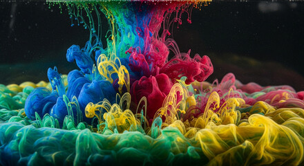 An explosion of vibrant colors as paint gracefully dissolves in water, creating a mesmerizing display of swirling hues and abstract forms