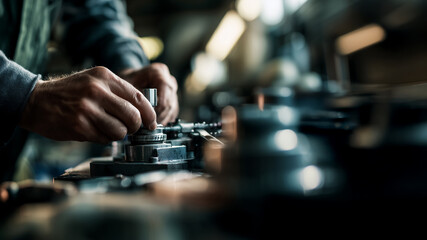 Engineer repairing vehicle in futuristic factory