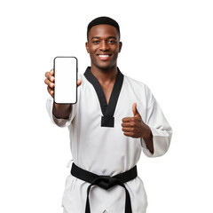 Smiling young African American man in Taekwondo uniform holding blank smartphone screen and giving thumbs up gesture on black background