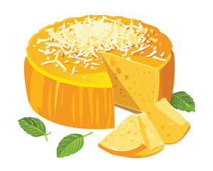 A savory orange cheese wheel generously topped with grated parmesan, with a large, tempting slice cut from the side - Vector Illustration