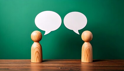 Wooden figures engage in conversation with speech bubbles. A green backdrop and wooden surface create a minimalist scene. The focus is on dialogue and communication.