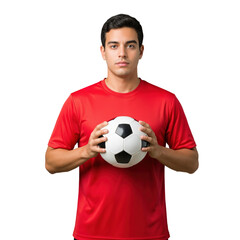 Young adult male soccer player in red jersey holding a football with a serious expression on a black background