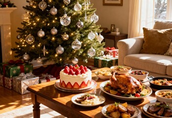 美しく輝くクリスマスツリーと苺のケーキと色とりどりの料理