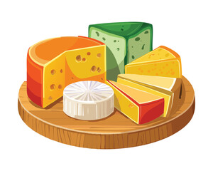 A beautiful wooden serving board displaying a variety of delicious cheeses like camembert, gouda, and a green pesto cheese - Vector Illustration