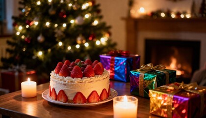 美しく輝くクリスマスツリーと苺のケーキと色とりどりの料理