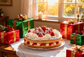 美しく輝くクリスマスツリーと苺のケーキと色とりどりの料理