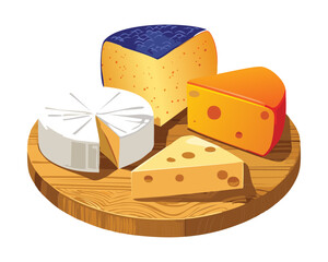 A gourmet assortment of fine cheeses featuring blue cheese, swiss, and cheddar arranged for a delicious tasting experience - Vector Illustration