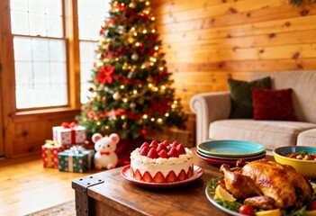 美しく輝くクリスマスツリーと苺のケーキと色とりどりの料理