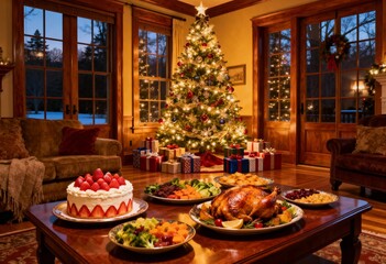 美しく輝くクリスマスツリーと苺のケーキと色とりどりの料理
