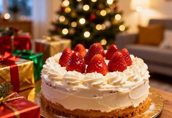 美しく輝くクリスマスツリーと苺のケーキと色とりどりの料理