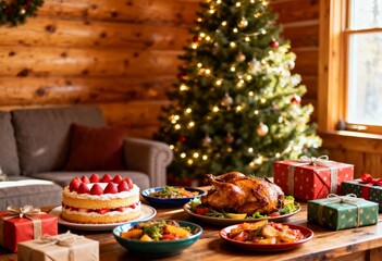 美しく輝くクリスマスツリーと苺のケーキと色とりどりの料理