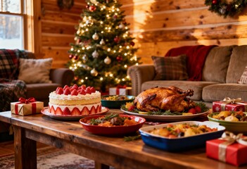 美しく輝くクリスマスツリーと苺のケーキと色とりどりの料理
