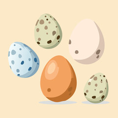 Assorted Collection of Speckled Quail and Bird Eggs in Various Natural Pastel Colors, Ideal for Spring or Easter - Vector Illustration