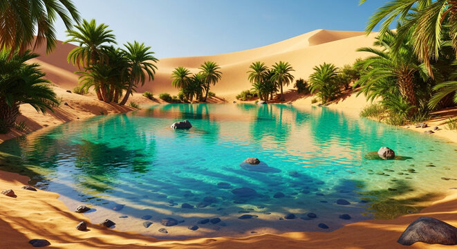 Tranquil oasis in the desert with clear turquoise water, surrounded by palm trees and golden sand dunes, a serene and inviting scene