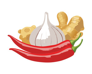 Hot red chili peppers and white garlic bulb, with a piece of ginger, a flavorful and aromatic combination of pungent spices and vegetables - Vector Illustration
