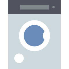 Front view of a light blue washing machine with a gray top panel and circular door in a minimalist flat design style against a transparent background