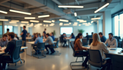 A blurred image of a modern office space with people working at work