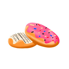 Illustration of two sweet donuts with pink and white glaze, decorated with colorful sprinkles. Perfect for design elements related to food, sweets, dessert and pastry shop.