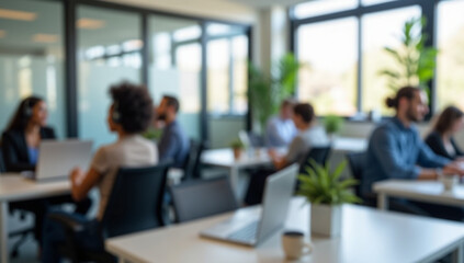 A blurred image of a modern office space with people working at work