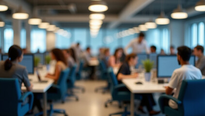 Fototapeta premium A blurred image of a modern office space with people working at work