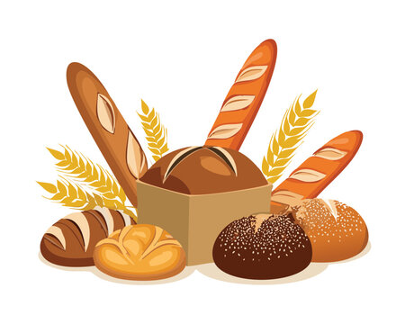 Collection of gourmet artisan breads including french baguettes, whole grain loaves, and dark rolls, grouped together for a delicious baking advertisement - Vector Illustration