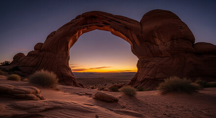 The sun rises over the iconic landscape arch in arches national park, utah, casting a warm glow on the sandstone formation and the surrounding desert landscape