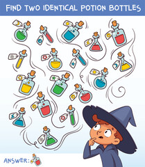 Cute witch boy looking at magic potions. Find two identical potion bottles game for kids. Fun Halloween educational illustration with colorful bottles and magic theme. Funny cartoon character. Spot it