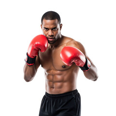 Muscular African American man in red boxing gloves striking an intense fighting stance against a stark black background, ready for combat.