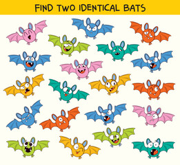 Funny Halloween puzzle with cute bats. Find two identical bats. Colorful cartoon game for kids and educational printable activity. Perfect for Halloween party or learning fun. Funny cartoon characters