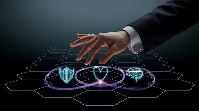 Hand reaching towards glowing icons of shield heart and brain on hexagonal grid touching selecting - Powered by Adobe