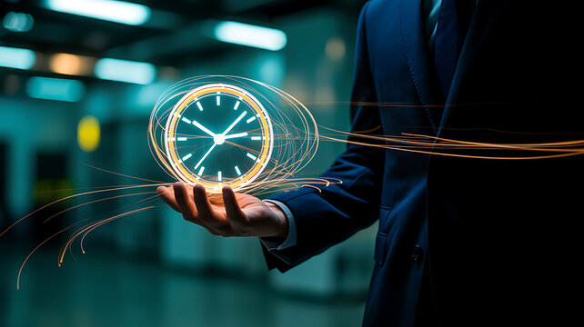 Man in dark suit holding glowing digital clock with light trails time