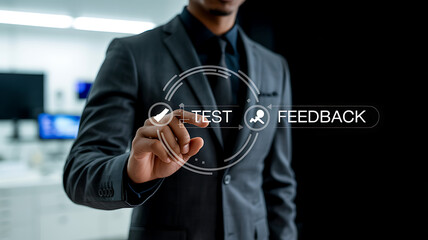 Man in suit touching digital interface with test and feedback icons finger