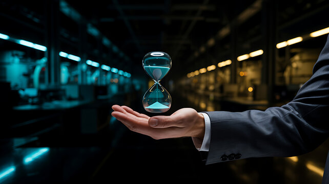 Man in suit holding hourglass over industrial factory background time sand timer