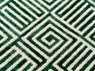 Close-up of a green and white patterned rug with a geometric design
