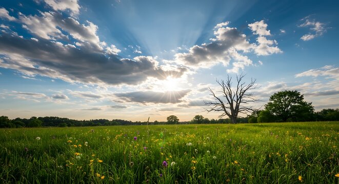 Meadow at sunrise with wildflowers tall grass and dramatic sunrays through clouds creating a radiant tranquil scene
