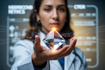 Woman in lab coat holds glowing diamond with digital data display background doctor scientist