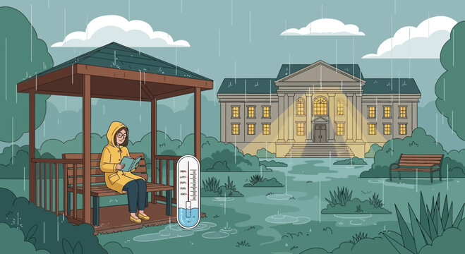 Rainy day solitude: A cartoon woman reading under a gazebo near university campus - Powered by Adobe