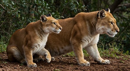 Two liger hybrids walking side by side on dirt path with alert posture and tawny fur surrounded by green foliage